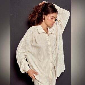 Cream Plisse Pleated Satin Button Down Top